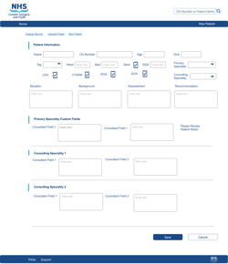 Screenshot of patient handover app new patient screen